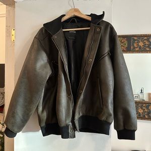 Distressed faux leather bomber jacket